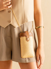 Mini Bag em Palha Tressê e Couro Caramelo